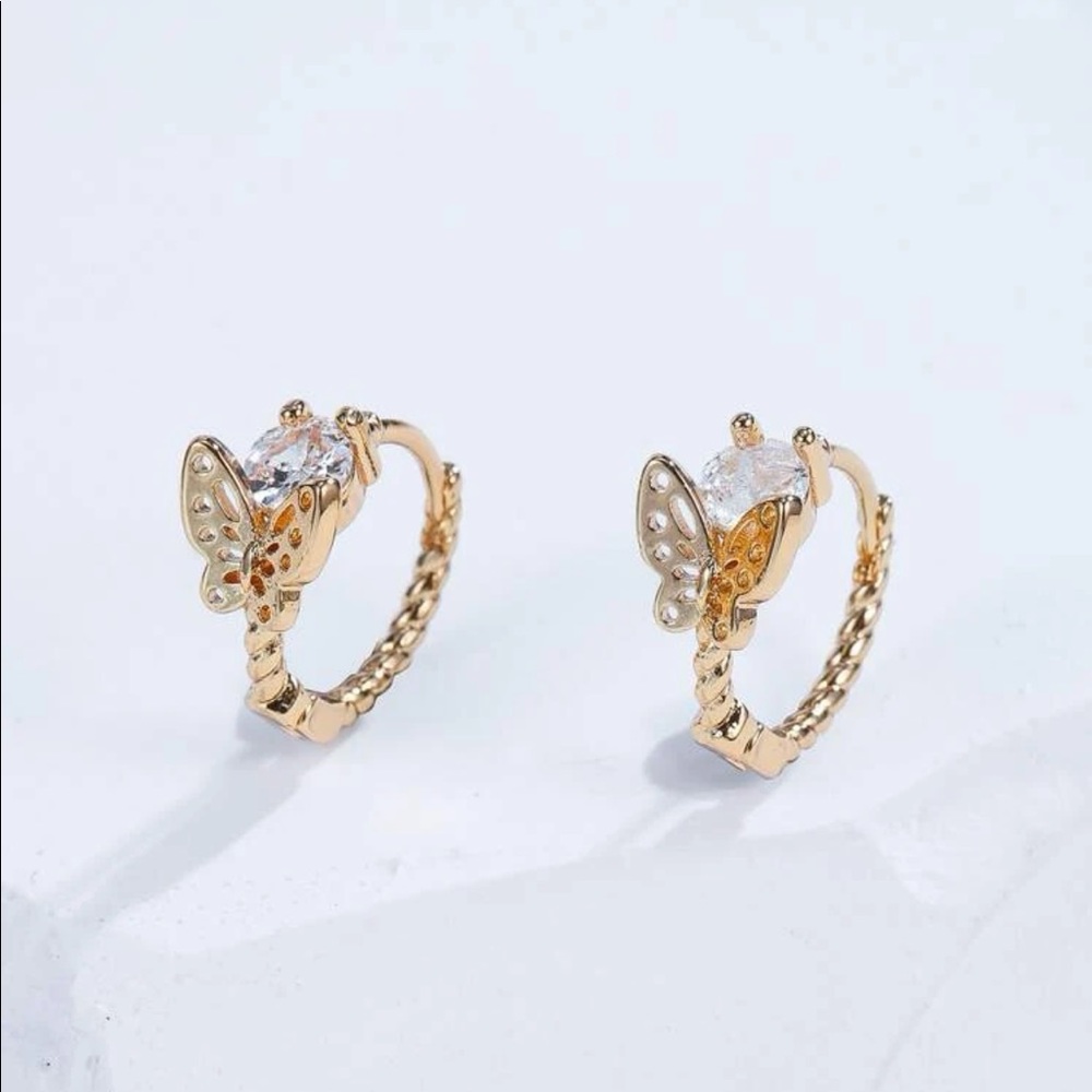 New 16K Gold Vermeil Crystal Butterfly Hoop Earrings